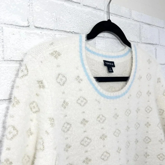 Torrid White Gold & Blue Fuzzy Pullover Scoop Neck Sweater Women's Plus Size 2X - Picture 3 of 8